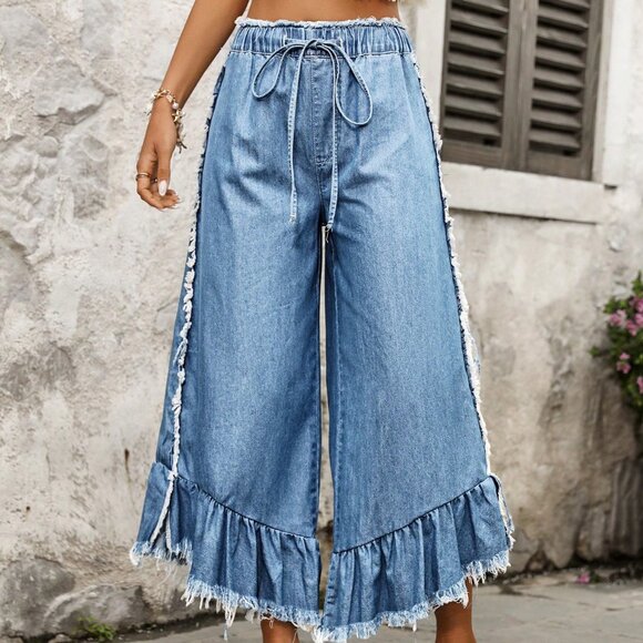 Light Wash Casual Women's Tie Waist Side Fringe Loose Fit Wide Leg Jeans - Picture 3 of 6
